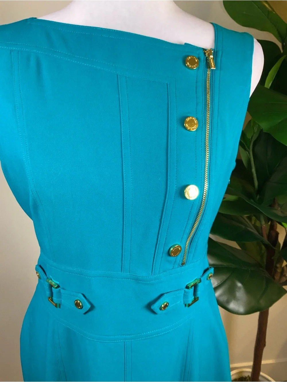 Calvin Klein Teal Sheath Dress with Gold Buttons